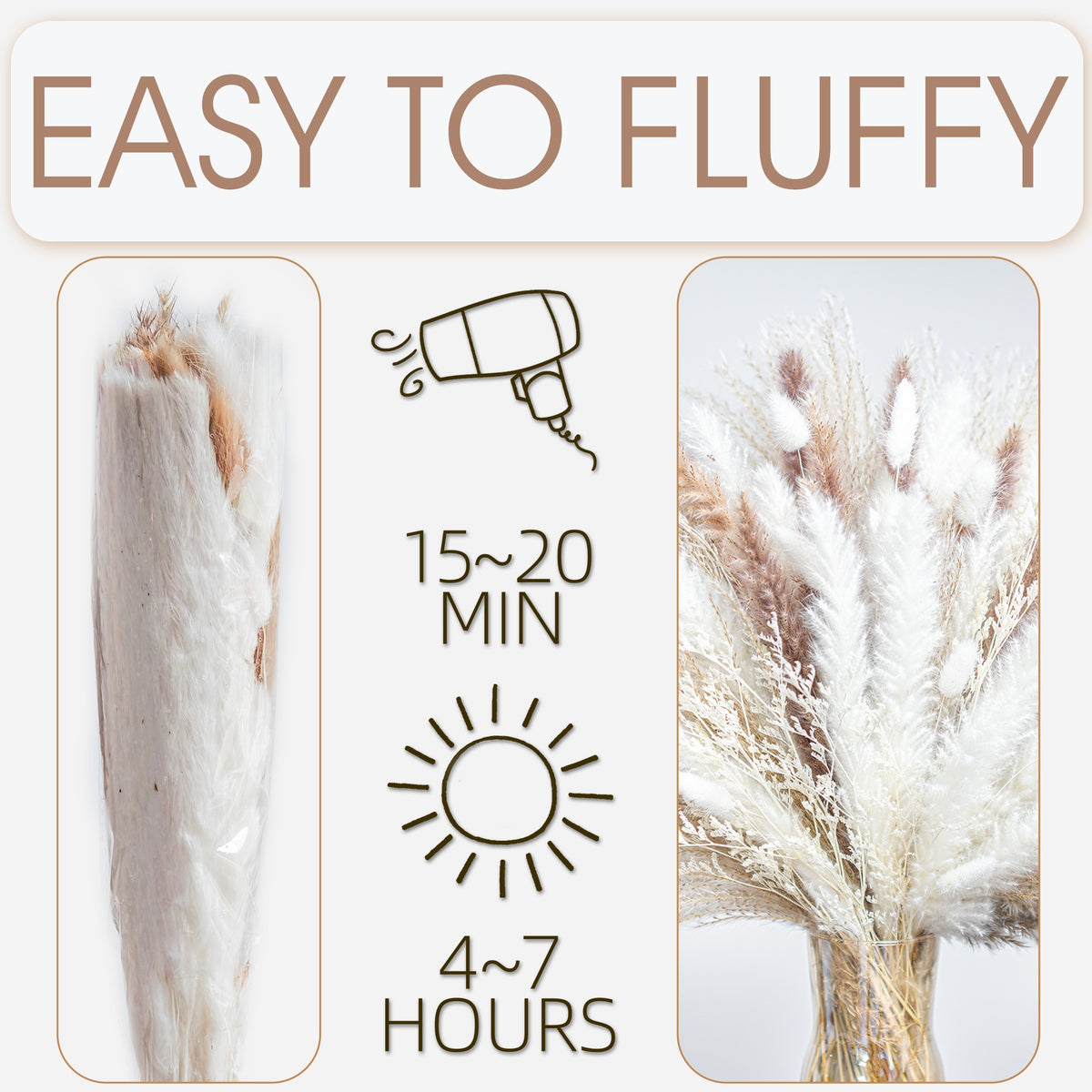 Pampas Grass Decor 120pcs Dried Flowers Bouquet with Bunny Tails Reed Grass for Wedding Centerpiece Boho Home Table Decor, Rustic Farmhouse Vase Arrangement, Aesthetic Room Decor