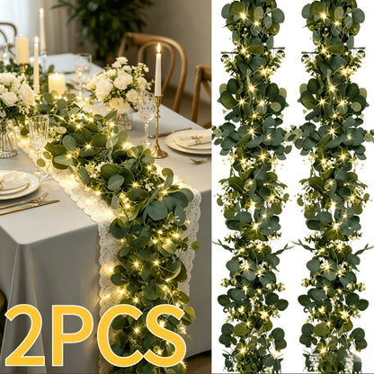 Lighted Eucalyptus Wreath 2-Pack 6FT Artificial Green Vine with LED Lights - Faux Eucalyptus Garland for Table Runner Wedding Centerpiece Backdrop Wall Decor Party Home Decoration Warm White