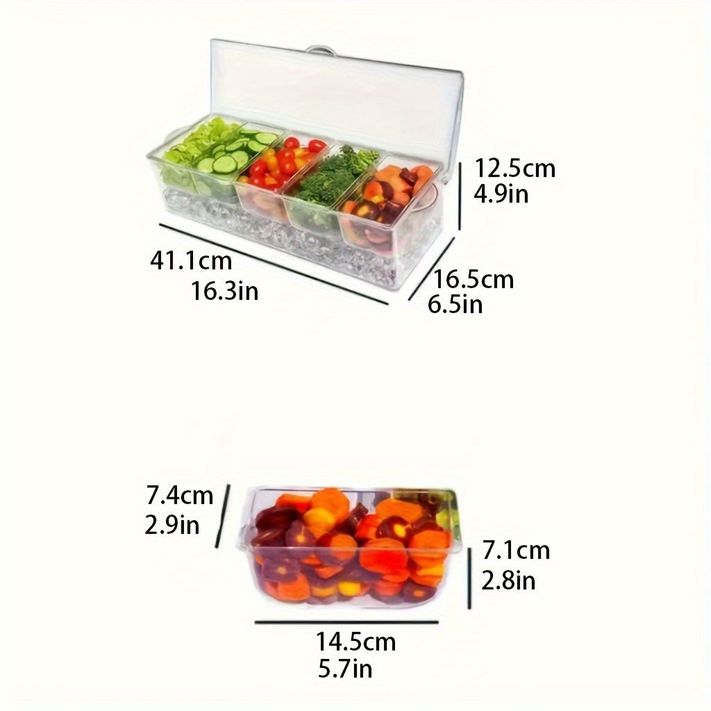 Chilled Condiment Server Tray with Lid & 5 Removable Compartments - Clear Ice Bar Caddy for Party Toppings, Garnish Station, Cocktail Bar Fruit Container & Buffet Serving