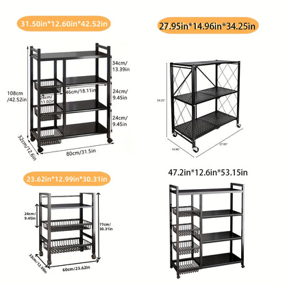 4-Tier Rolling Storage Rack with 3 Wire Baskets – Adjustable Metal Shelf on Wheels for Kitchen, Pantry, Garage, Bathroom & Closet | Movable Standing Organizer Shelf, Housewarming Gift