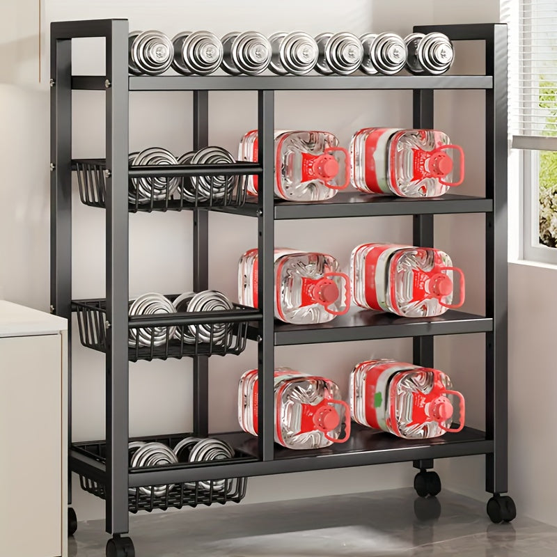 4-Tier Rolling Storage Rack with 3 Wire Baskets – Adjustable Metal Shelf on Wheels for Kitchen, Pantry, Garage, Bathroom & Closet | Movable Standing Organizer Shelf, Housewarming Gift
