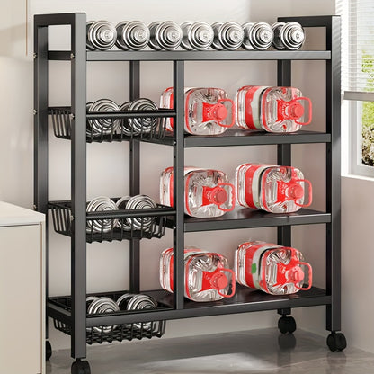 4-Tier Rolling Storage Rack with 3 Wire Baskets – Adjustable Metal Shelf on Wheels for Kitchen, Pantry, Garage, Bathroom & Closet | Movable Standing Organizer Shelf, Housewarming Gift
