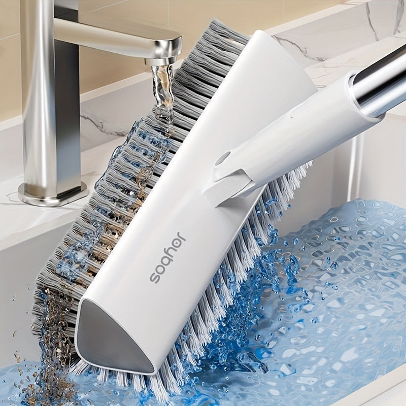 Long Handle Floor Scrub Brush 52 Inch V-Shaped Triangle Head Double-Sided Stiff Bristles Deep Clean Tile Grout Bathroom Kitchen Patio Corner Gaps Ergonomic Crevice Cleaning Brush