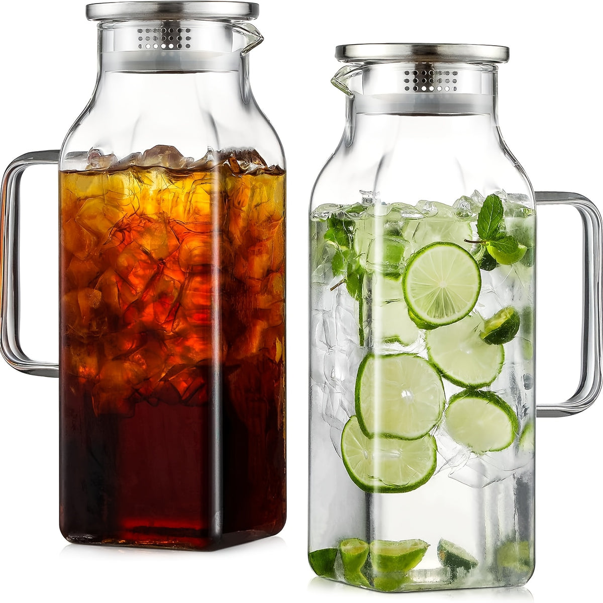 Glass Pitcher with Lid 68oz 2L Square Borosilicate Water Jug for Fridge Iced Tea Coffee Lemonade – Heat Resistant Carafe for Hot Cold Drinks, 1 or 2 Pack Bundle