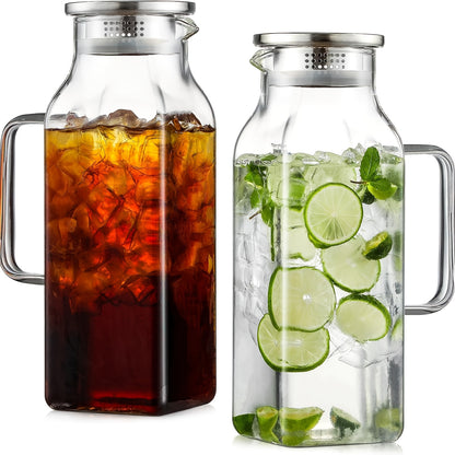 Glass Pitcher with Lid 68oz 2L Square Borosilicate Water Jug for Fridge Iced Tea Coffee Lemonade – Heat Resistant Carafe for Hot Cold Drinks, 1 or 2 Pack Bundle