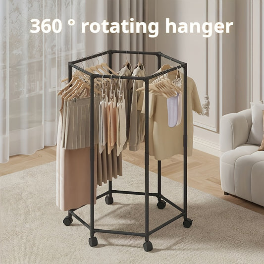Rotating Clothes Rack Hexagonal – Freestanding 360° Rotary Vertical Clothing Hanging Rack for Laundry Room Bedroom, Space Saving Garment Organizer for Small Apartment, Black or White with Optional Mesh Bag