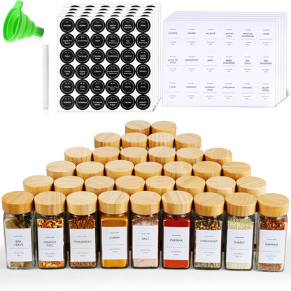 Glass Spice Jars with Bamboo Lids and Labels, 4oz Airtight Seasoning Storage Bottles with Collapsible Funnels for Spice Rack Pantry Cupboard, Set of 15 24 or 36 Pieces