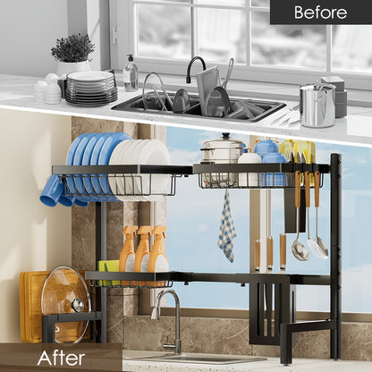 Over Sink Dish Drying Rack 2 Tier Expandable - 304 Stainless Steel Kitchen Dish Rack with Drainage Tray Utensil Holder Knife Holder Cutting Board Holder, Adjustable 30-34 Inch Black