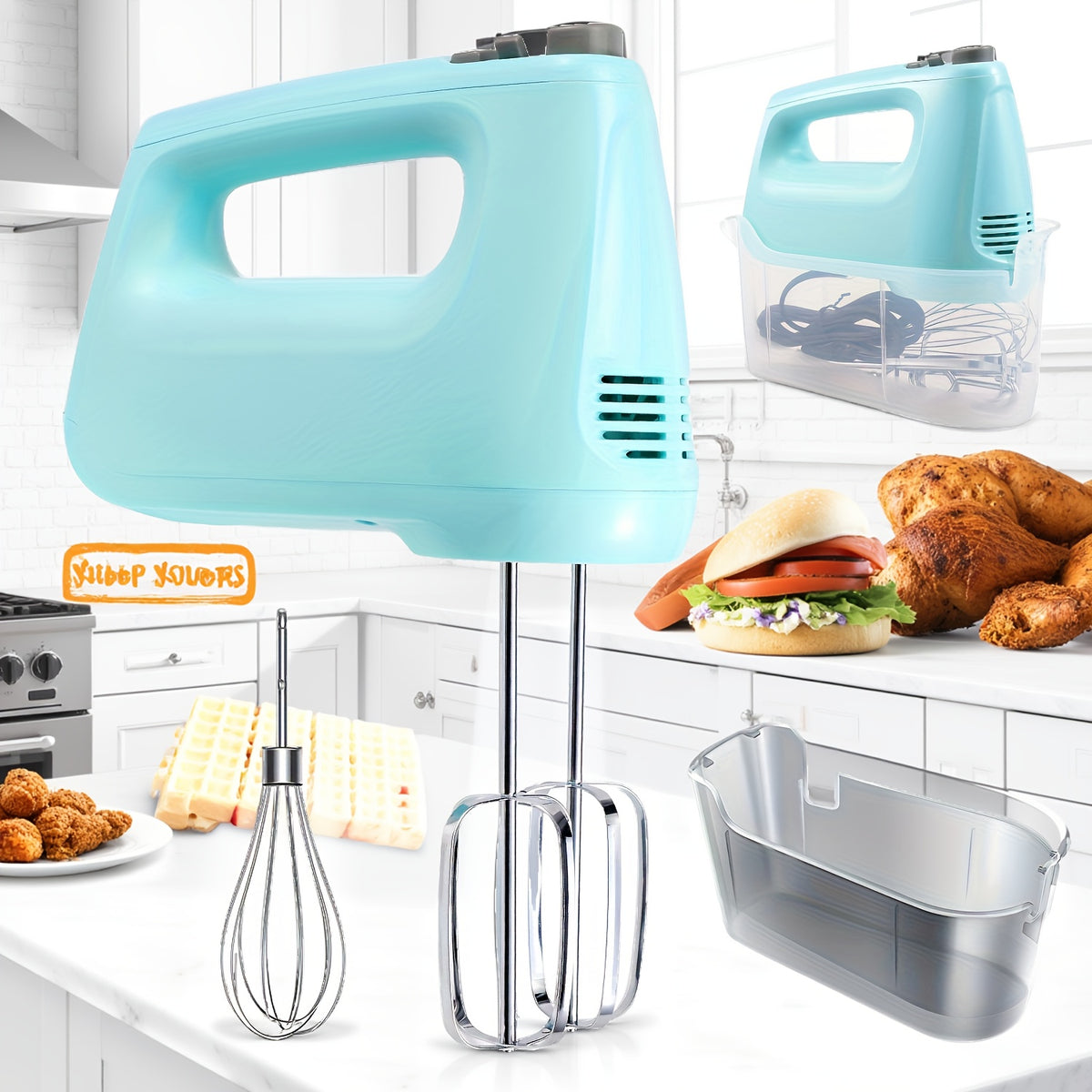 Electric Hand Mixer with Storage Case, 5-Speed Plus Turbo Handheld Mixer, 5 Stainless Steel Attachments – 2 Beaters, 2 Dough Hooks & 1 Whisk, 250W Power, Blue, Black, White & Silver