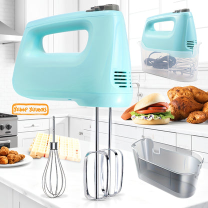 Electric Hand Mixer with Storage Case, 5-Speed Plus Turbo Handheld Mixer, 5 Stainless Steel Attachments – 2 Beaters, 2 Dough Hooks & 1 Whisk, 250W Power, Blue, Black, White & Silver
