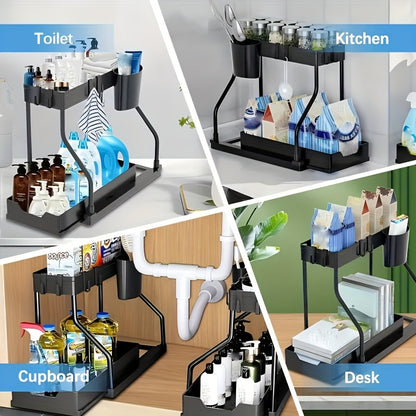 Under Sink Organizer 2 Pack Pull Out Sliding Shelf – Durable Cabinet Organizer with Sliding Drawers for Bathroom Kitchen Space-Saving Storage Solution – Black White Sleek Design