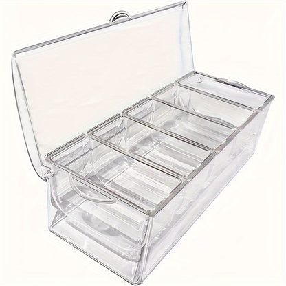 Chilled Condiment Server Tray with Lid & 5 Removable Compartments - Clear Ice Bar Caddy for Party Toppings, Garnish Station, Cocktail Bar Fruit Container & Buffet Serving