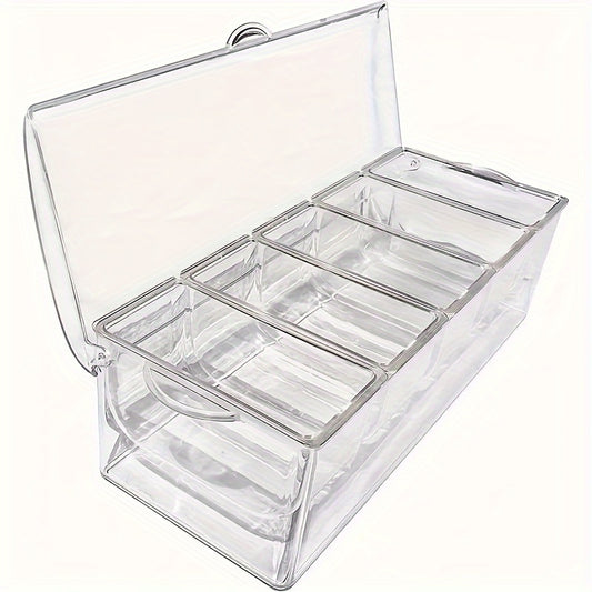 Chilled Condiment Server Tray with Lid & 5 Removable Compartments - Clear Ice Bar Caddy for Party Toppings, Garnish Station, Cocktail Bar Fruit Container & Buffet Serving