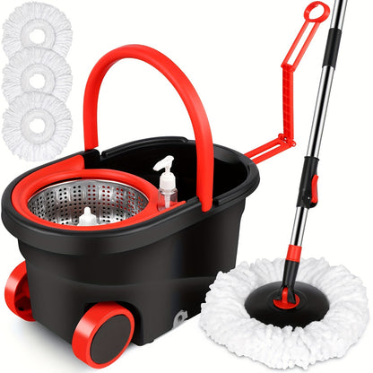 Spin Mop and Bucket Set with Wringer – 360° Spin Mop System, 3 Microfiber Replacement Heads & 61" Adjustable Handle for Floor Cleaning, Home & Holiday Cleaning