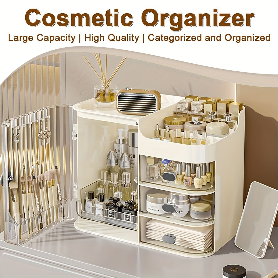 Makeup Storage Box with 3 Drawers & Mirror, High-Capacity Cosmetic Organizer Cabinet for Bathroom Vanity, Contact Lens Display Case Skincare Storage Box for Home Bathroom, Beige