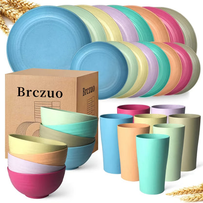 Wheat Straw Dinnerware Set 16/32 Piece, Unbreakable Plastic Plates Bowls Cups for Camping Outdoor Picnic, BPA-Free Lightweight Tableware for 4/8 People, Dishwasher Safe Kitchen Dining Set Black Colorful
