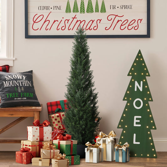 Artificial Topiary Cedar Tree UV Rated Potted Plant 3/4/5FT Faux Pine Shrub for Front Porch – Lifelike Outdoor Indoor Fake Tree for Home Office Entryway Garden Decor, No Watering Required, 1pc or 2pcs