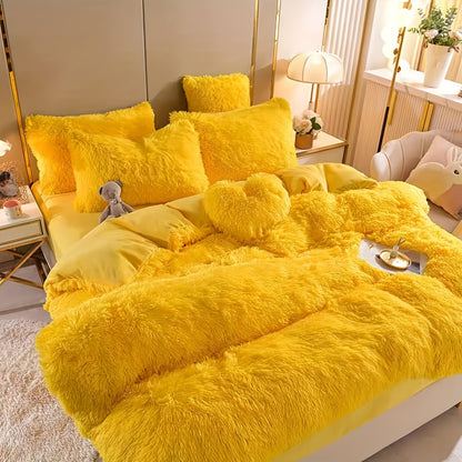 Fluffy Duvet Cover Set 4 Piece Queen King, Soft Plush Comforter Cover with 2 Pillow Shams All Season Cozy Bedding Set No Insert, in Purple Red Pink Gray Yellow Blue Beige Black