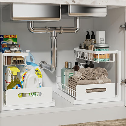 Metal Pull Out Under Sink Organizer with Sliding Drawer – Sturdy Steel Under Sink Storage Shelves for Kitchen & Bathroom Cabinet Organization, Black White Gray, 1 Pack & 2 Pack