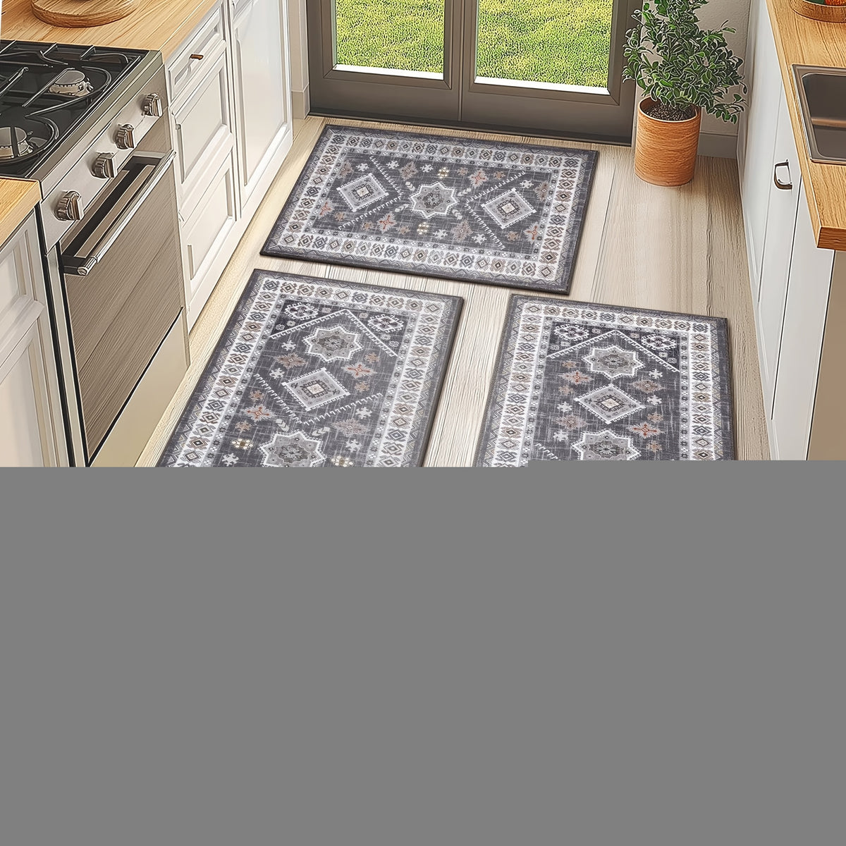 Boho Kitchen Mat Set 3-Piece with Runner – Non-Slip Washable Thick Kitchen Rugs and Mats for Floor, Kitchen Runner Rug for Hallway Laundry Room Holiday Decor
