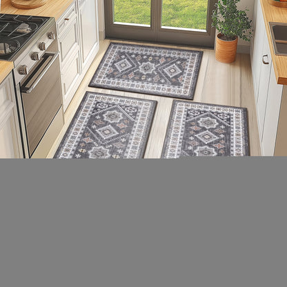 Boho Kitchen Mat Set 3-Piece with Runner – Non-Slip Washable Thick Kitchen Rugs and Mats for Floor, Kitchen Runner Rug for Hallway Laundry Room Holiday Decor