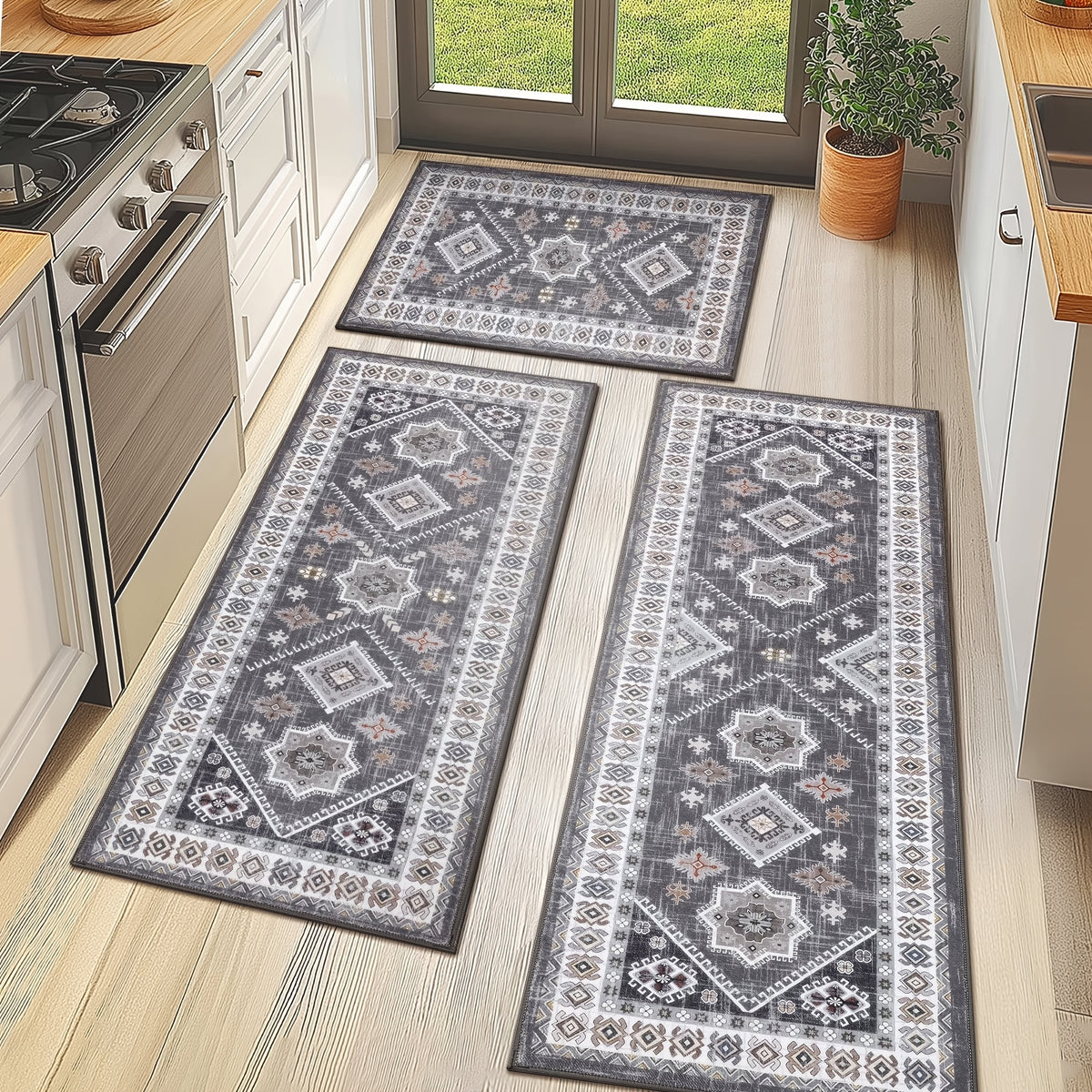 Boho Kitchen Mat Set 3-Piece with Runner – Non-Slip Washable Thick Kitchen Rugs and Mats for Floor, Kitchen Runner Rug for Hallway Laundry Room Holiday Decor