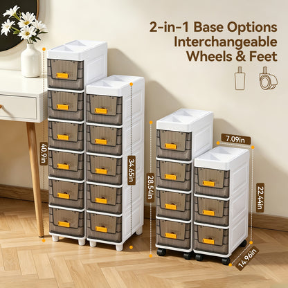 Slim Storage Cabinet with Drawers 3 4 5 6 Tier, Waterproof PP Plastic Drawer Organizer Unit for Bathroom Kitchen Bedroom, Narrow Rolling Storage Cart with Wheels for Small Spaces