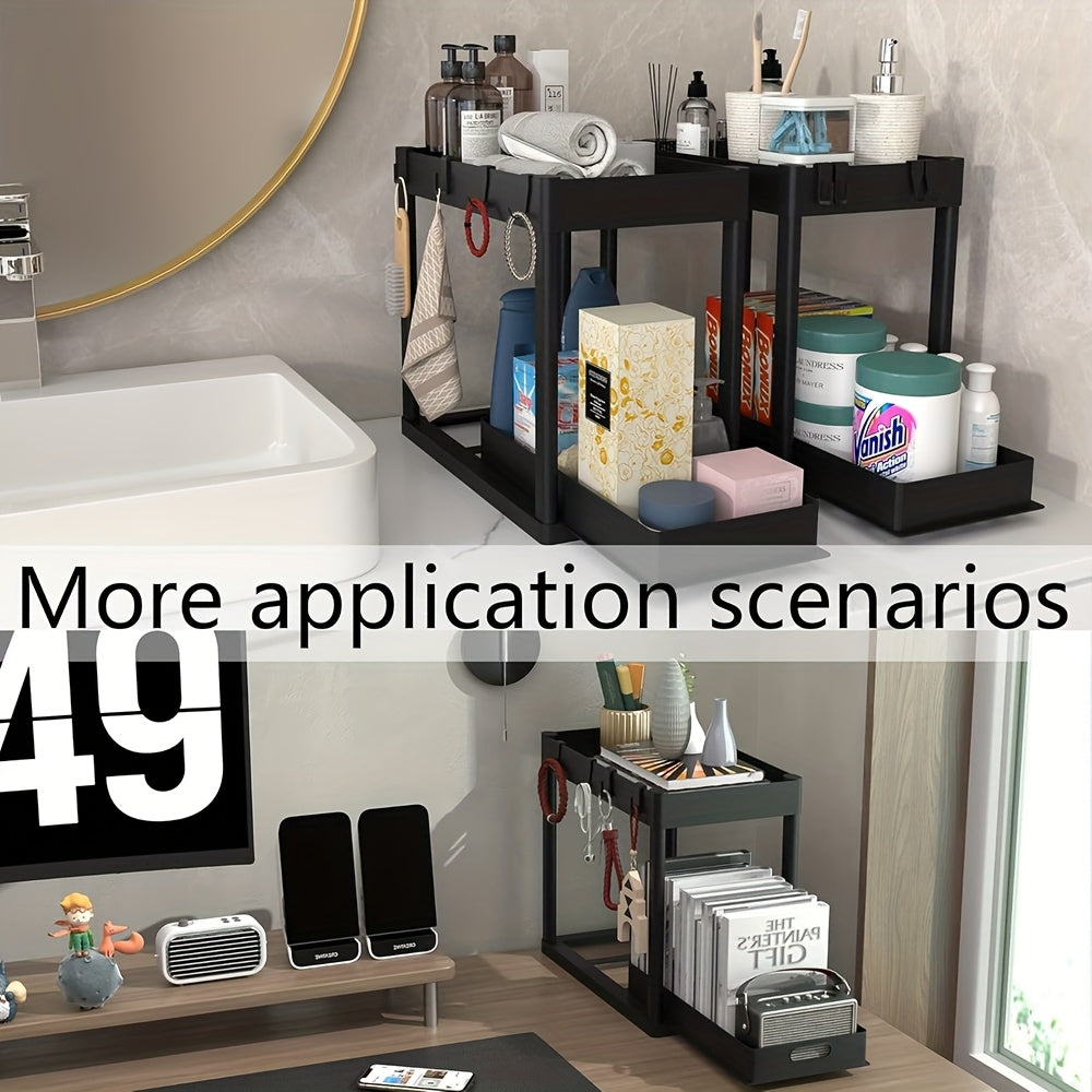 Under Sink Organizer Set of 2 – Dual Tier Sliding Basket Drawers with 8 Hooks, Bathroom Cabinet Storage Solution for Under Counter Organization, Black White Gray