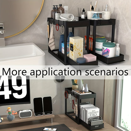 Under Sink Organizer Set of 2 – Dual Tier Sliding Basket Drawers with 8 Hooks, Bathroom Cabinet Storage Solution for Under Counter Organization, Black White Gray