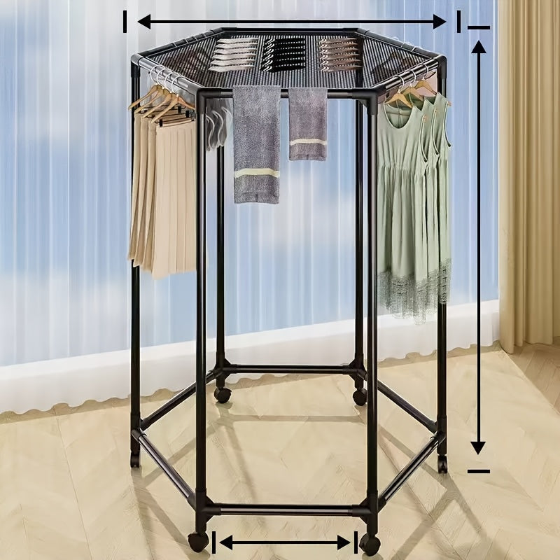 Rotating Clothes Rack Hexagonal – Freestanding 360° Rotary Vertical Clothing Hanging Rack for Laundry Room Bedroom, Space Saving Garment Organizer for Small Apartment, Black or White with Optional Mesh Bag