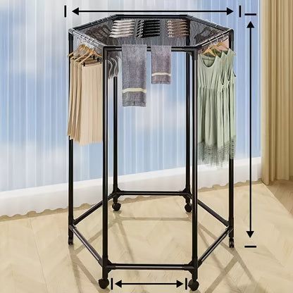 Rotating Clothes Rack Hexagonal – Freestanding 360° Rotary Vertical Clothing Hanging Rack for Laundry Room Bedroom, Space Saving Garment Organizer for Small Apartment, Black or White with Optional Mesh Bag