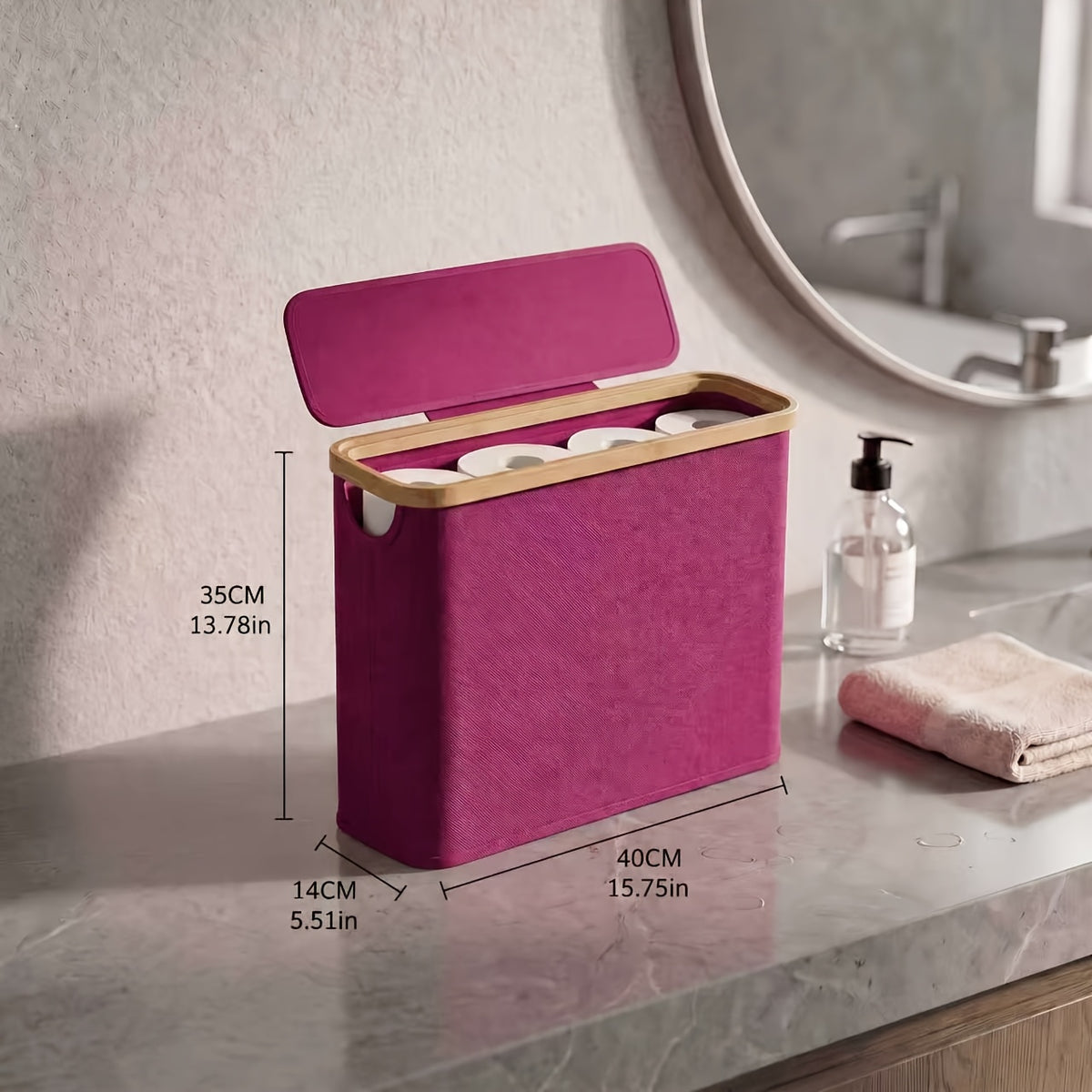 Bamboo Toilet Paper Holder with Lid Foldable, Bathroom Storage Box Organizer Holds 12 Rolls, Toilet Paper Storage Container for Bathroom Counter Cabinet, Black White Gray Mini, Random Color Available