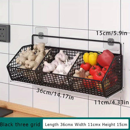 Kitchen Wall Organizer Wire Storage Shelf – No Drill Traceless Wall Rack for Garlic, Onions, Vegetables & Spices, 2 or 3 Grid Space-Saving Compact Kitchen Storage, Black