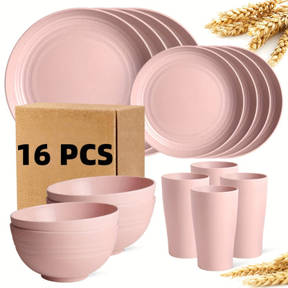 Wheat Straw Dish Set for 4 or 8 – 16 or 32 Piece Unbreakable Dinnerware Set with Dinner Plate, Dessert Plate, Cereal Bowl & Cup, Dishwasher Safe Lightweight Tableware for Camping, Everyday Use & Gifts