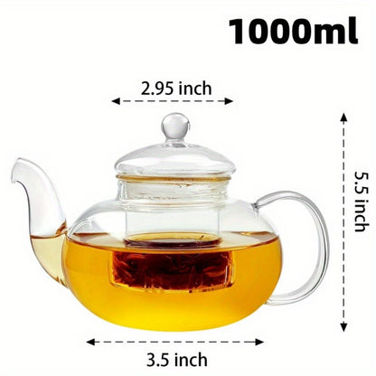 Glass Teapot with Infuser 1000ml – Borosilicate Glass Tea Pot with Detachable Filter for Loose Leaf & Flowering Tea, Gooseneck Spout, Microwave & Stovetop Safe, Optional 4-Cup Tea Set Gift Box