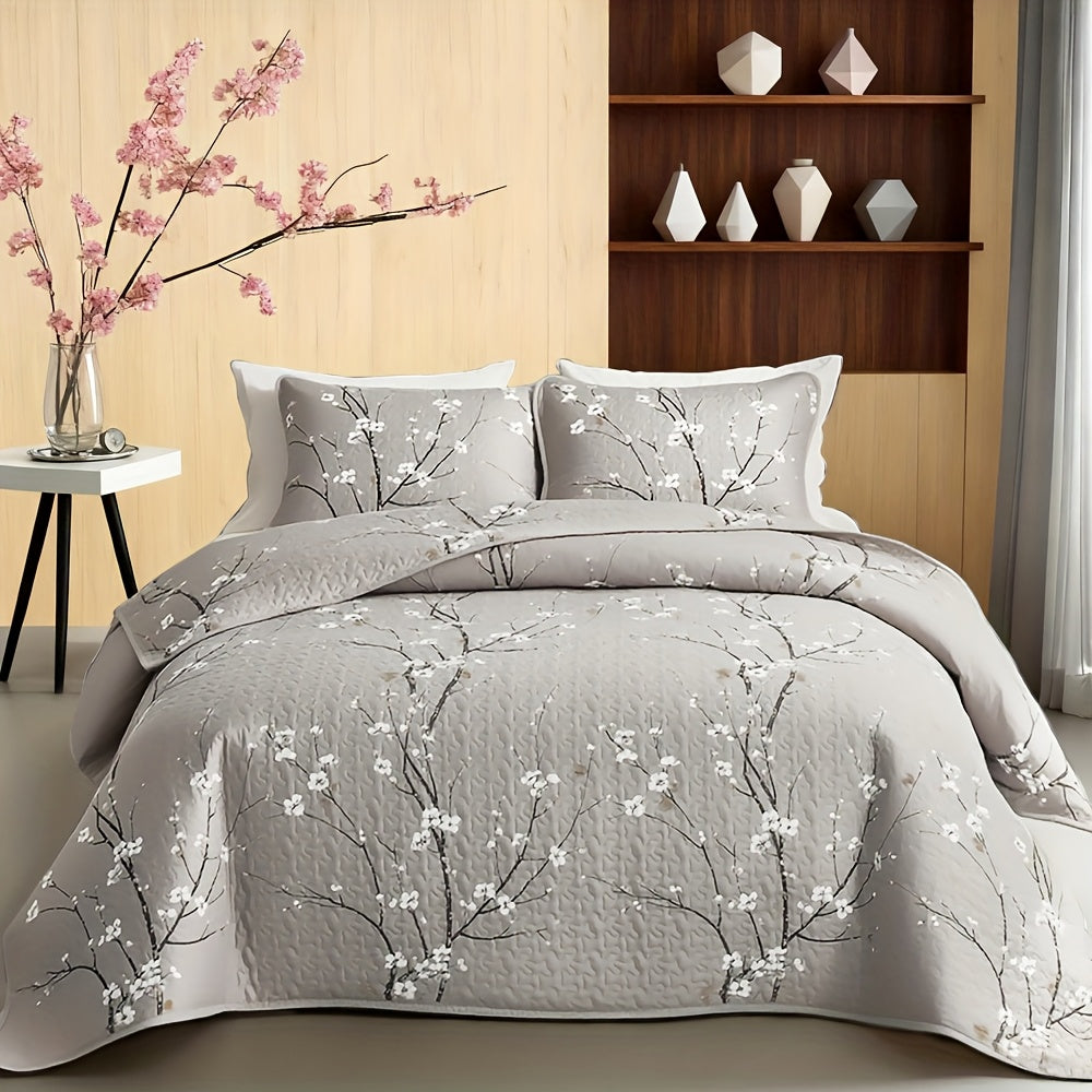 Plum Blossom Quilted Comforter Set – 2/3 Piece Tree Branch Floral Quilt with Pillowcases, Soft Breathable Hypoallergenic Machine Washable Bedding, Twin/Queen/King, 4 Colors