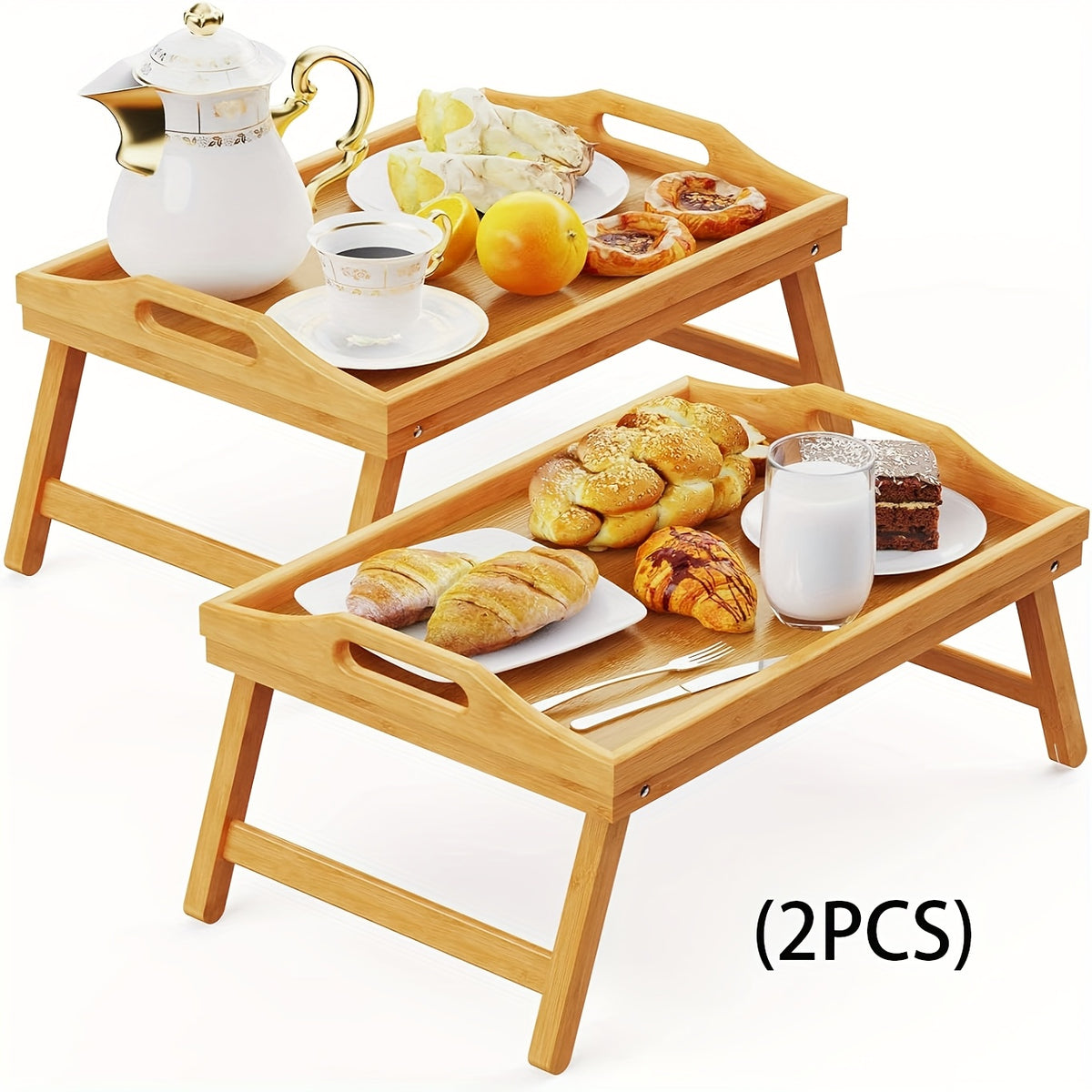 Bamboo Bed Tray Table with Folding Legs & Handles – 19.32 x 11.83 Inch Natural Wood Breakfast Tray for Bed Sofa, Laptop Desk Snack Serving Tray for Bedroom Living Room, 1 or 2 Pack