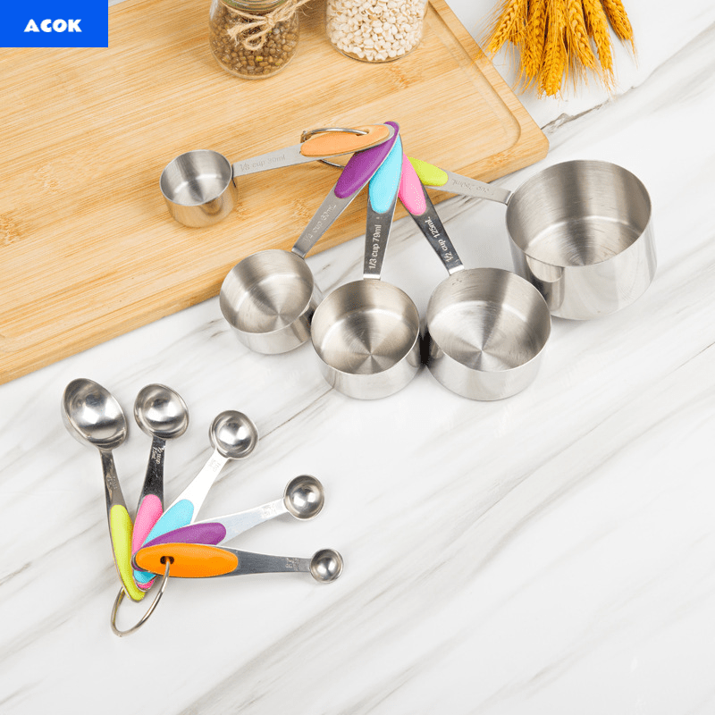 Measuring Cups and Spoons Set Stainless Steel with Silicone Handle – 5pcs Spoon Set or 10pcs Cup & Spoon Set, Precise Baking Tools for Cooking & Christmas Baking