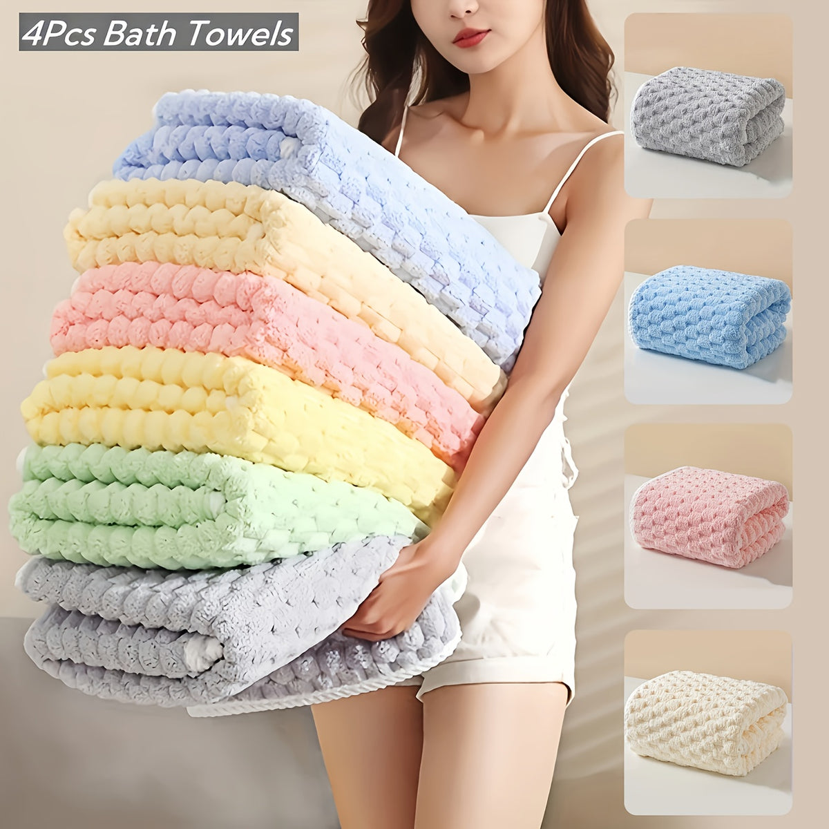 Waffle Weave Bath Towels 4-Pack Quick Dry Ultra Soft, 281g Super Absorbent Microfiber Towels for Adults, Spa-Grade Antimicrobial Textured Towels for Bathroom, Gym & Travel – Gray, Pink, Blue or Beige
