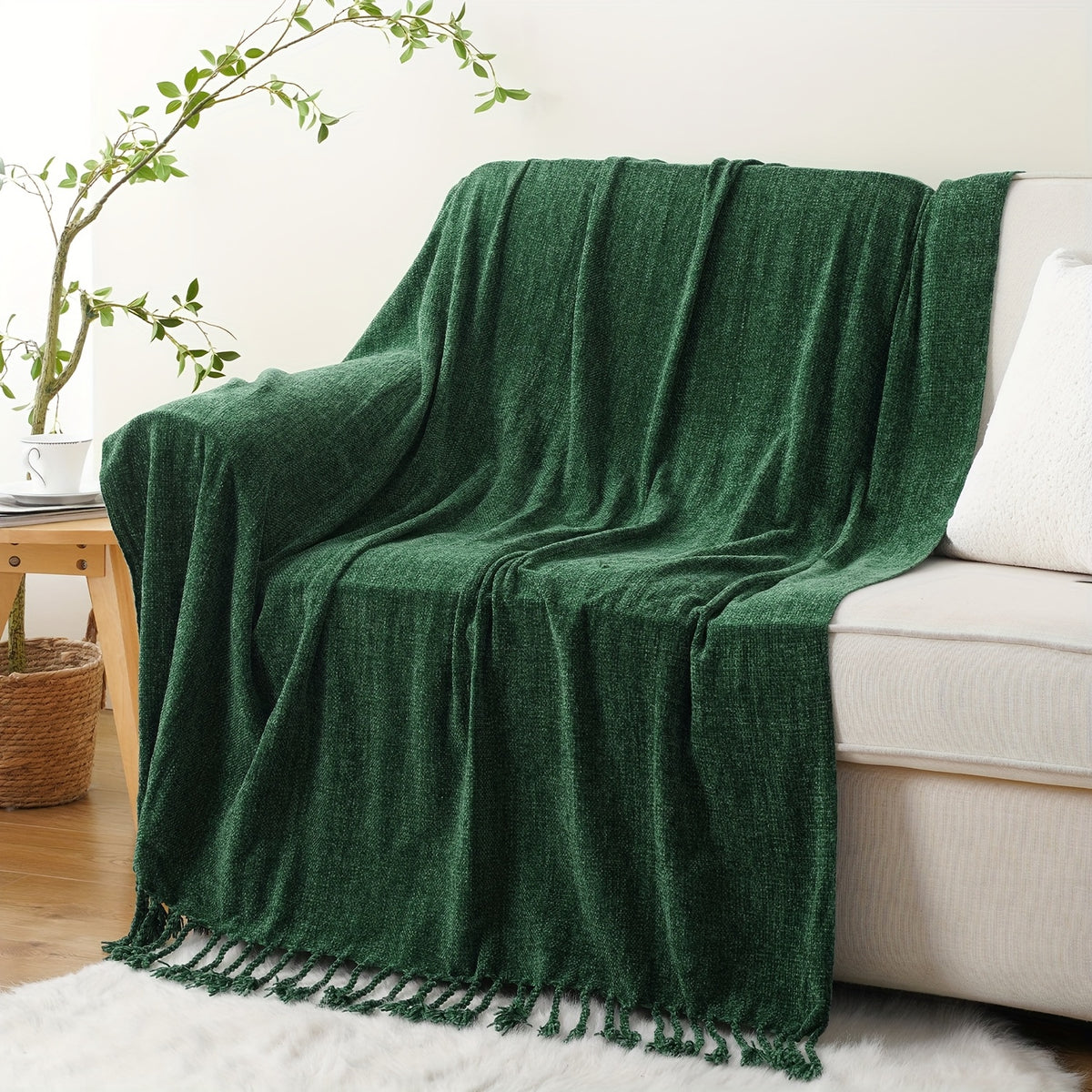 Boho Chenille Throw Blanket with Fringe 50x60 Inch – Soft Velvety Decorative Fringe Throw for Sofa Couch Bed Living Room Home Decor 17 Colors Cozy Gift for Women