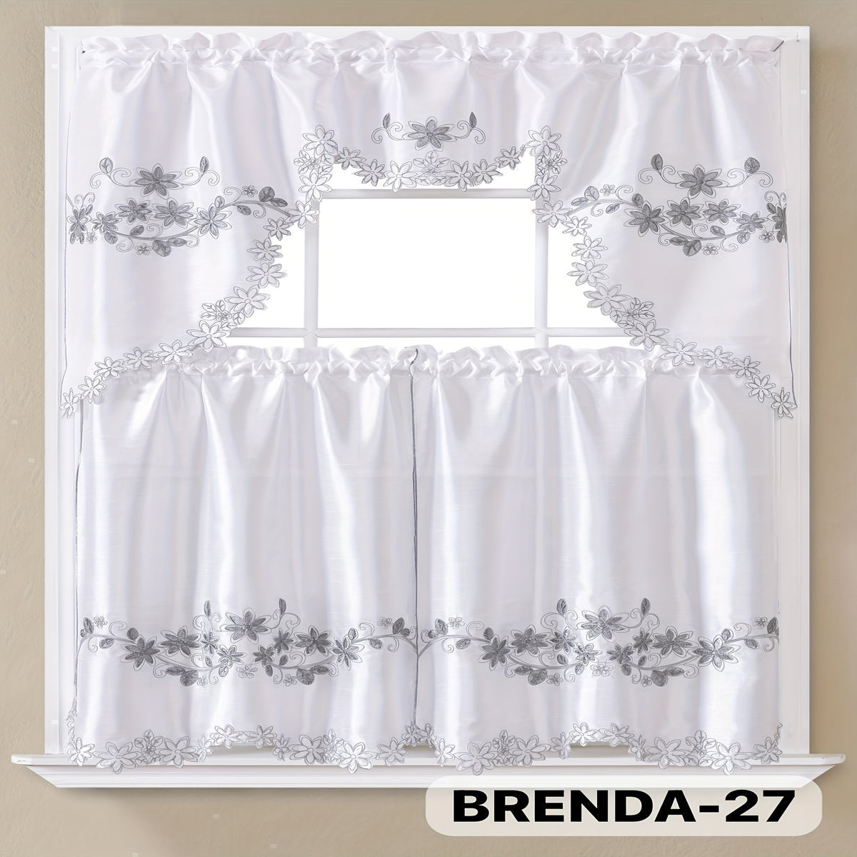 Kitchen Curtains Set 3 Piece with Embroidery – Satin Fabric Valance and Tier Curtains for Kitchen Windows, 49 Colors, Light Filtering, Rod Pocket, Machine Washable