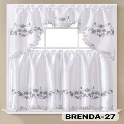 Kitchen Curtains Set 3 Piece with Embroidery – Satin Fabric Valance and Tier Curtains for Kitchen Windows, 49 Colors, Light Filtering, Rod Pocket, Machine Washable