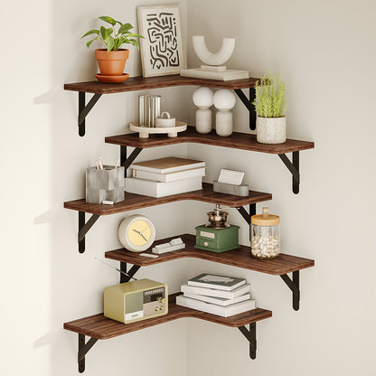 Corner Floating Shelves Rustic Wood 5 or 6 Piece Wall Mounted Heavy Duty Space Saving Storage Shelf for Bathroom Kitchen Bedroom Living Room, Easy Install 8 Colors