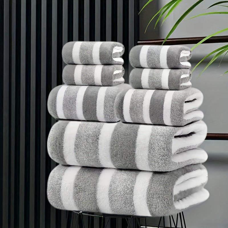 Bath Towel Set 8 Piece - Super Absorbent Soft Two-Color Striped Bathroom Towels, 2 Bath Towels 2 Face Towels 4 Hand Towels, No Hair Loss, Grey Red Blue Green