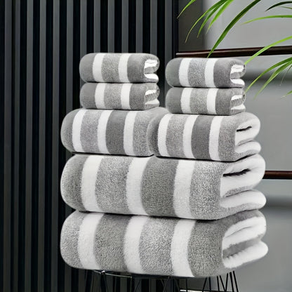 Bath Towel Set 8pcs Hotel Quality – Lint-Free Super Absorbent Soft Striped Towels, 2 Bath Towels + 2 Hand Towels + 4 Washcloths, Five-Star Hotel Standard Bathroom Towel Set, 9 Colors Available