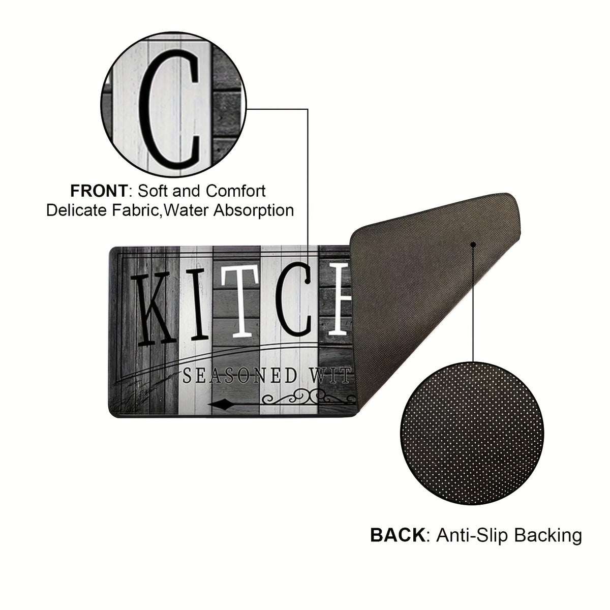 Kitchen Mat Non-Slip Absorbent - Anti-Fatigue Floor Mat for Kitchen Bathroom Laundry Room Hallway, Washable Cushioned Rug with Printed Design, Multiple Sizes & Wood Grain Options