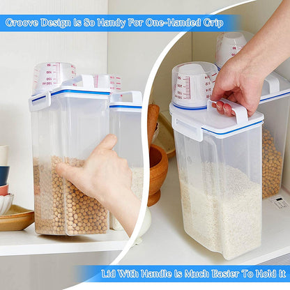 Food Storage Canisters 4 Pack Large Capacity Transparent PP Plastic with Measuring Cups and Scale Markings, Flip Top Lid Airtight Kitchen Pantry Containers for Rice Flour Grains Dog Food Organization