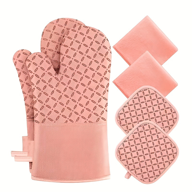 Oven Mitts and Pot Holders Set 6 Piece Heat Resistant Kitchen Gloves with Non-Slip Surface for Cooking Baking BBQ Grilling Multiple Colors Gray Black Green Blue Red Pink
