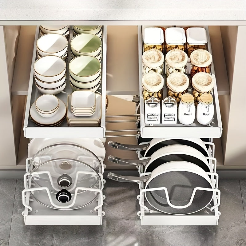 Sliding Pot and Pan Organizer Rack with Pull-Out Drawer – Under Cabinet Kitchen Storage for Pot Lids, Baking Trays & Utensils, 8 Adjustable Dividers, Black White Gray