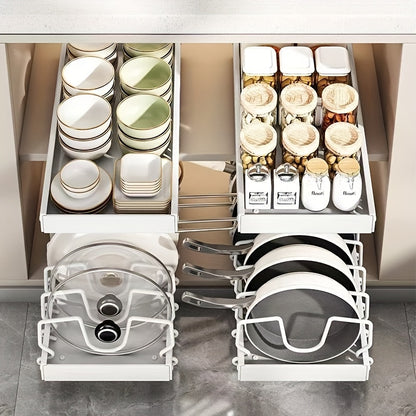 Sliding Pot and Pan Organizer Rack with Pull-Out Drawer – Under Cabinet Kitchen Storage for Pot Lids, Baking Trays & Utensils, 8 Adjustable Dividers, Black White Gray